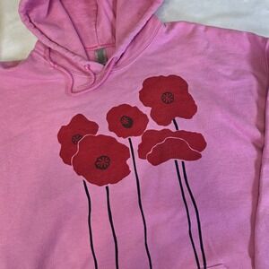 Marushka Hand Printed Pink Hoodie Sweatshirt Size XL Poppy Floral Artsy
